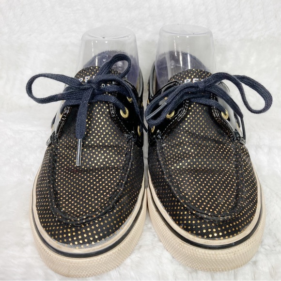 Sperry Topsider Black Patent Gold Pin Dot Boat Shoes - Picture 5 of 8